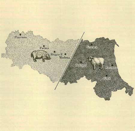 1. Mappa dell’Emilia-Romagna: Evidenziata la suddivisione del territorio tra allevamento suino (Piacenza, Parma, Regio e Modena) e allevamento ovino (Bologna, Ravenna, Forlì)