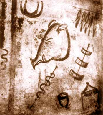 Testa di porco, salsicce e spiedini ("ofellæ"): dipinto parietale in una cucina di Pompei